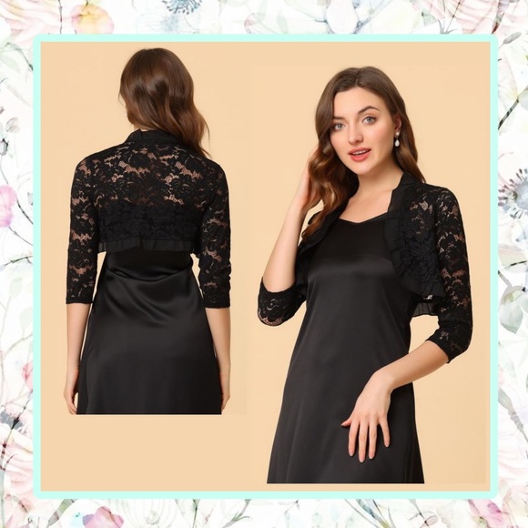 🌺 XL SHRUG LACE RUFFLE PLUS SIZE SHORT MID SHIRT COVER TOP BLACK SHEER ELEGANT - Picture 1 of 6